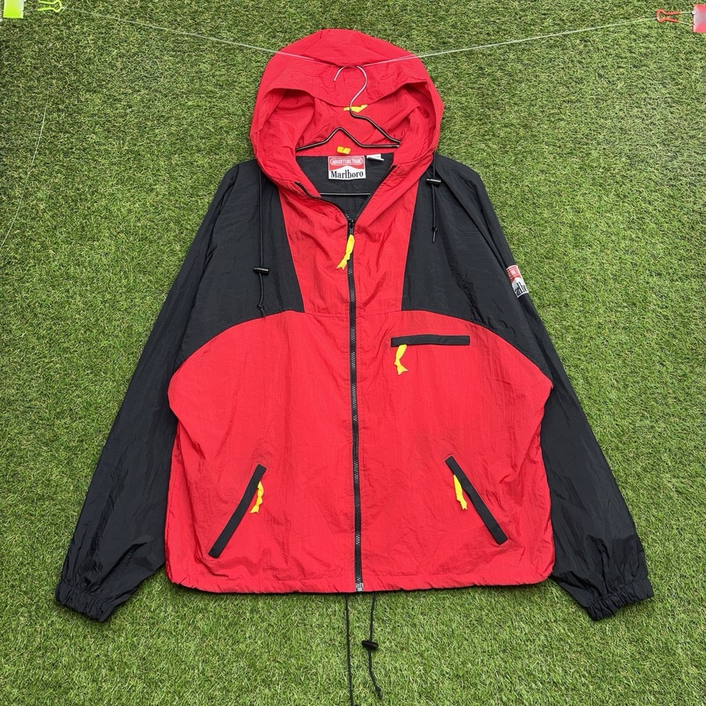 Marlboro Adventure Team Windbreaker Jacket Mens Large 90s Vintage Hood Full Zip
